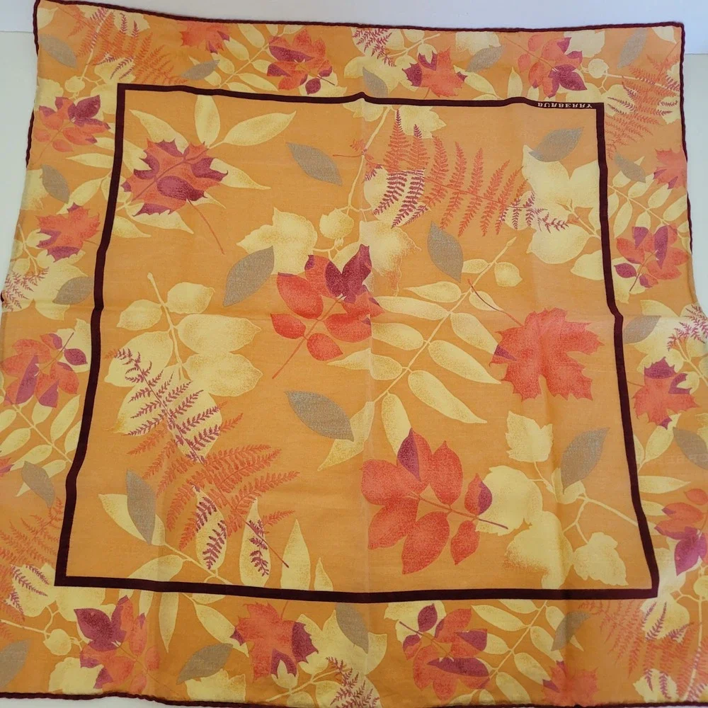 Burberry Silk Square Scarf Orange Yellow Autumn Leaf Fern Botanical Print 22x22